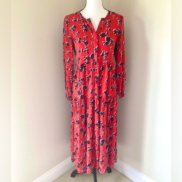 Zara Angel Red Floral Tiered Skirt Long Puff Sleeves Maxi Dress Size S - Picture 4 of 12